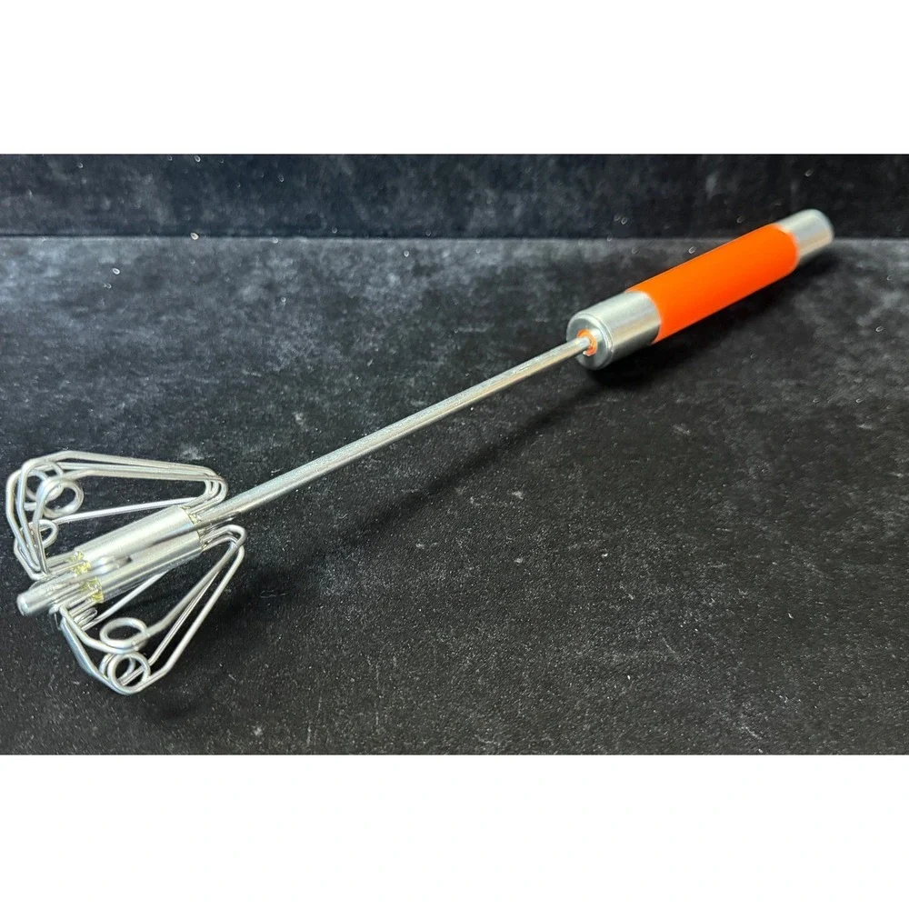 Vintage Orange Hand Push Whisk Mechanical Rotary Egg Beater Milk Frother Tool